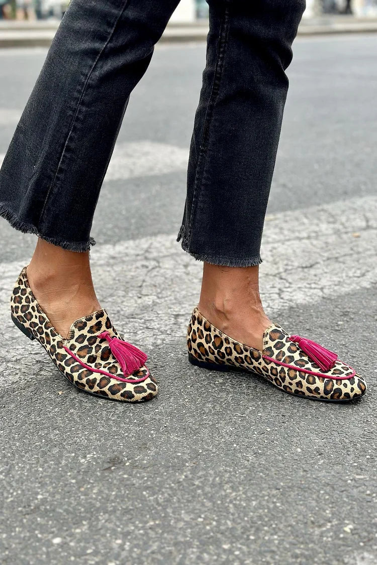 Aurora | Animal Print Loafer with Fuchsia Fringe